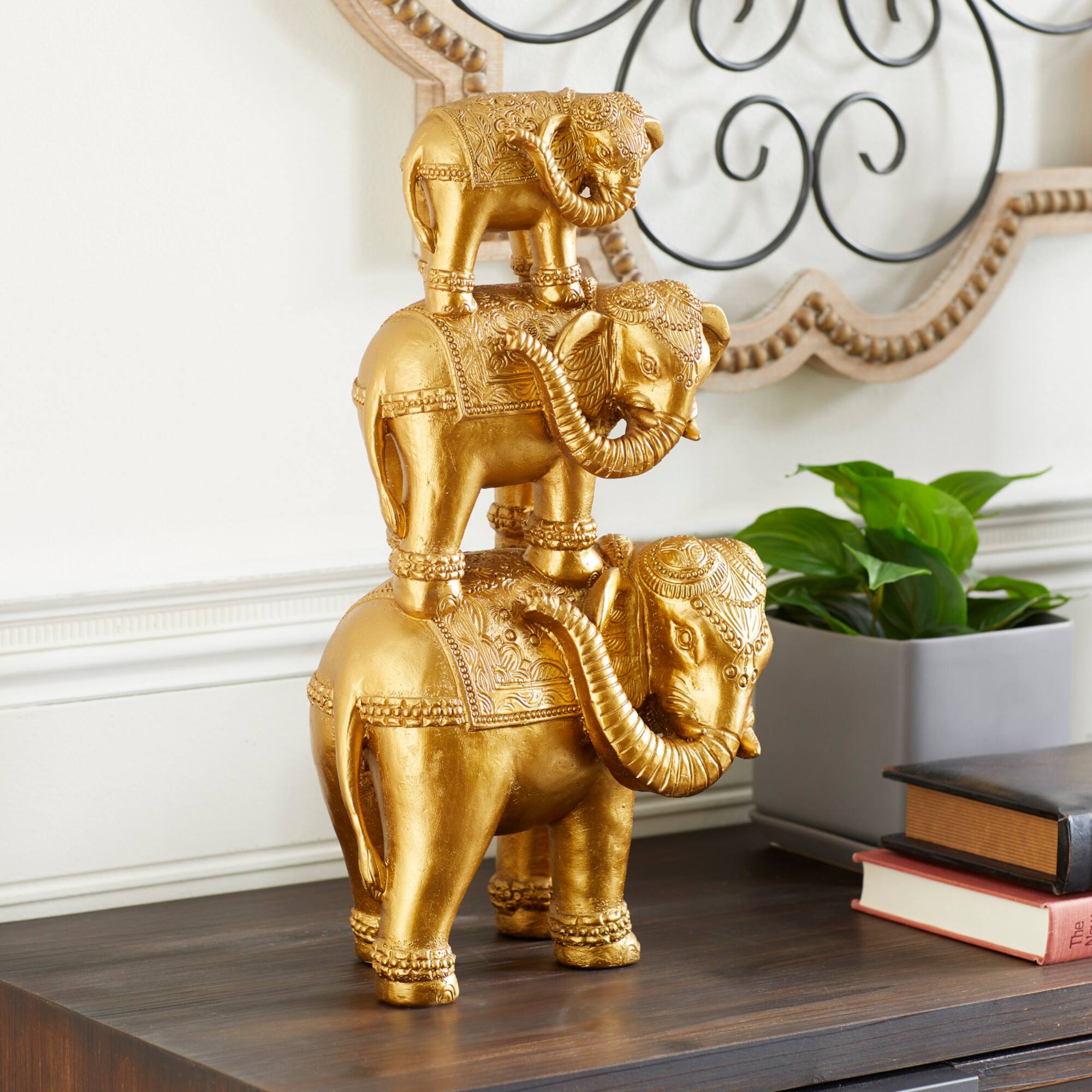 17" Gold Glam Stacked Elephant Sculpture